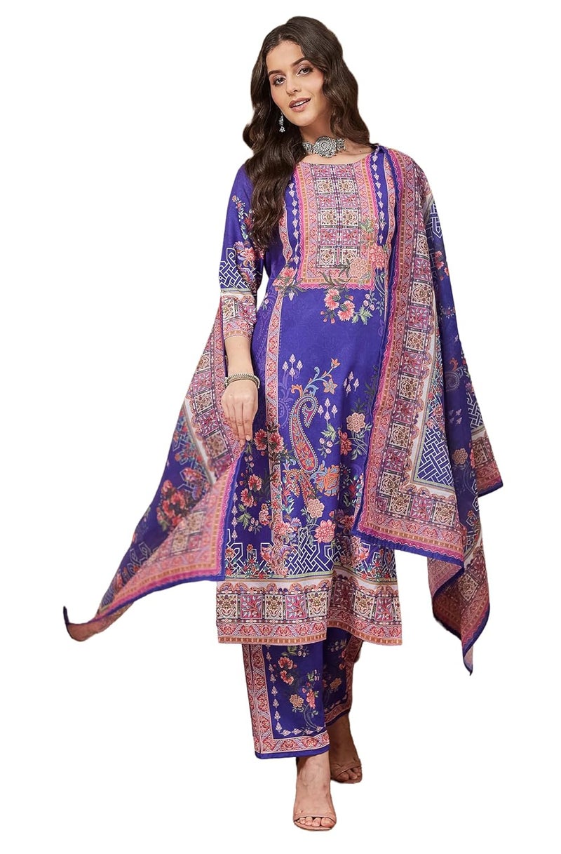 Janasya طقم كورتا مستقيم مزخرف بالأزهار من قطن مختلط باللون الأرجواني للنساء من جاناسيا - Image 1